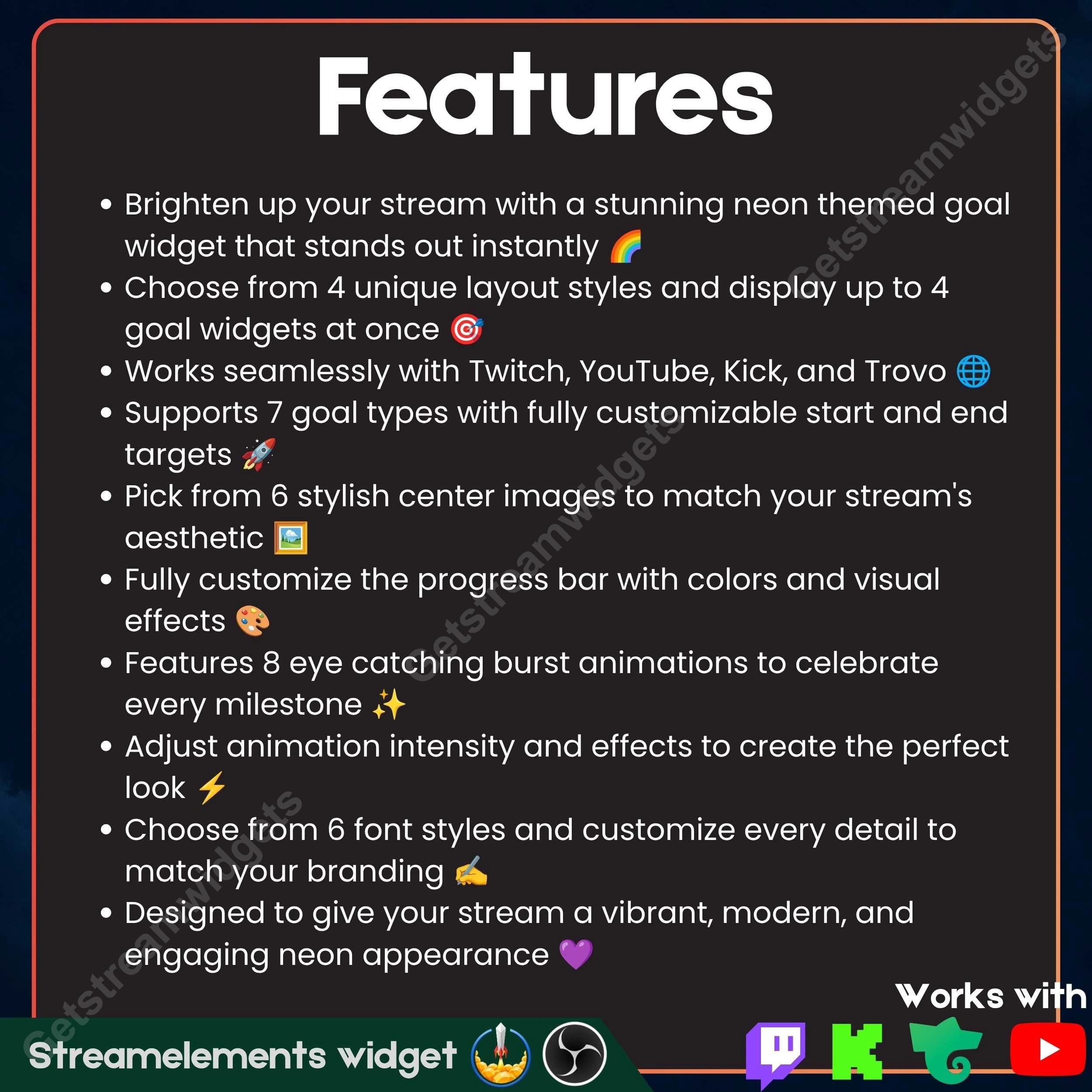 Neon Goal Widget ⟢ Twitch Youtube Kick Trovo • 7 Goal Types • 4 Layout Styles • Fully Customizable StreamElements OBS 8