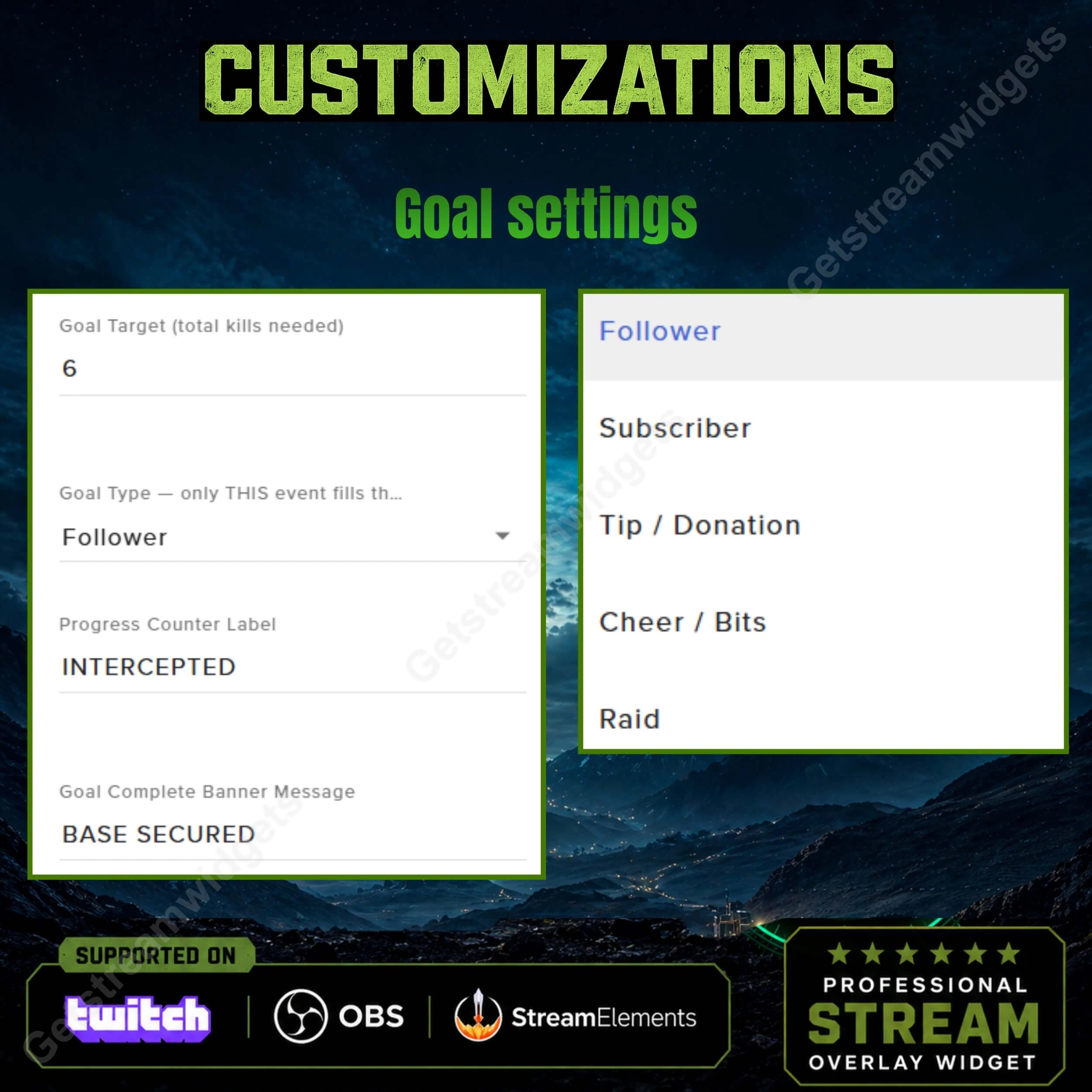 Tactical Military Radar Goal Widget ⟢ Twitch • Interactive Missile Strike System • Follower, Sub & Raid Goals • Fully Customizable StreamElements OBS 3