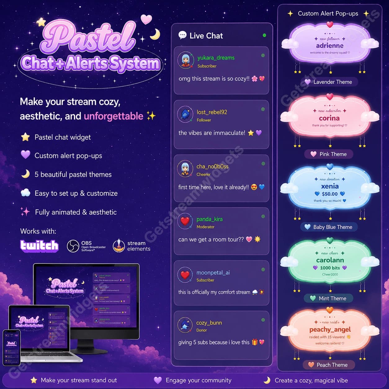 Aesthetic Pastel Modular Chat & Alerts ⟢ Twitch StreamElements OBS • Vertical, Horizontal & Modular Layouts • Fully Customizable • 6 Pastel Themes 0