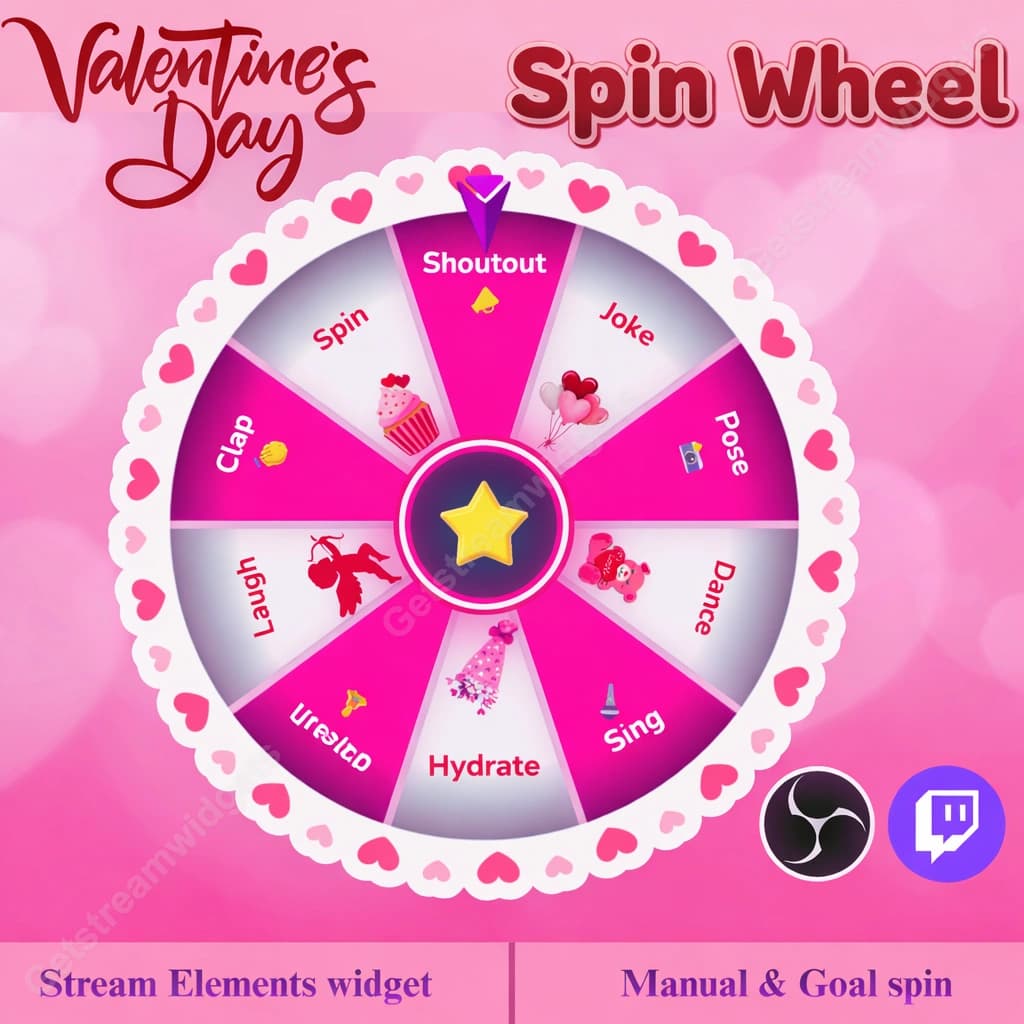 Valentine Spin Wheel Widget ⟢ Twitch  • Romantic Theme Prize Wheel • Animated Spins • Fully Customizable StreamElements OBS 0