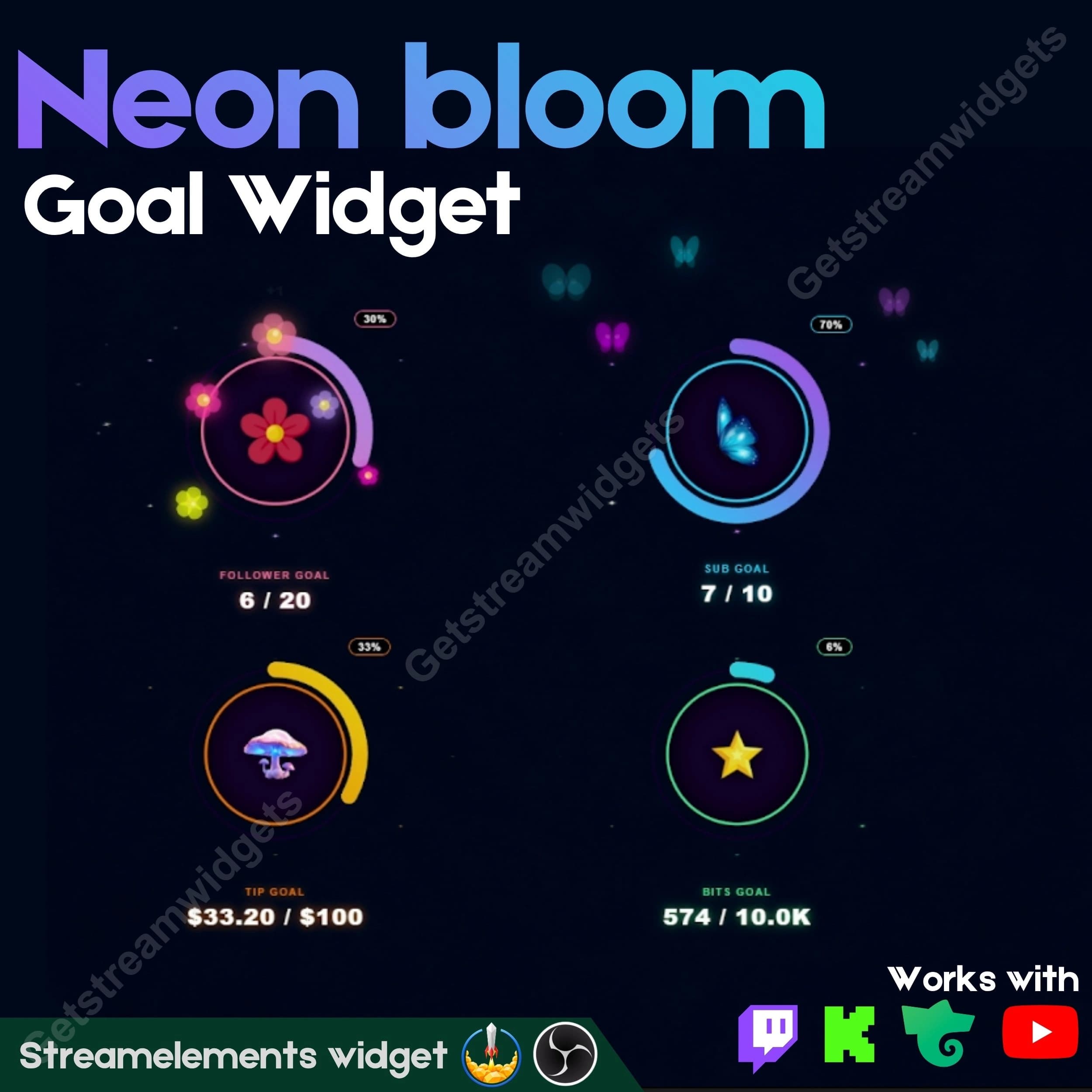 Neon Goal Widget ⟢ Twitch Youtube Kick Trovo • 7 Goal Types • 4 Layout Styles • Fully Customizable StreamElements OBS 0