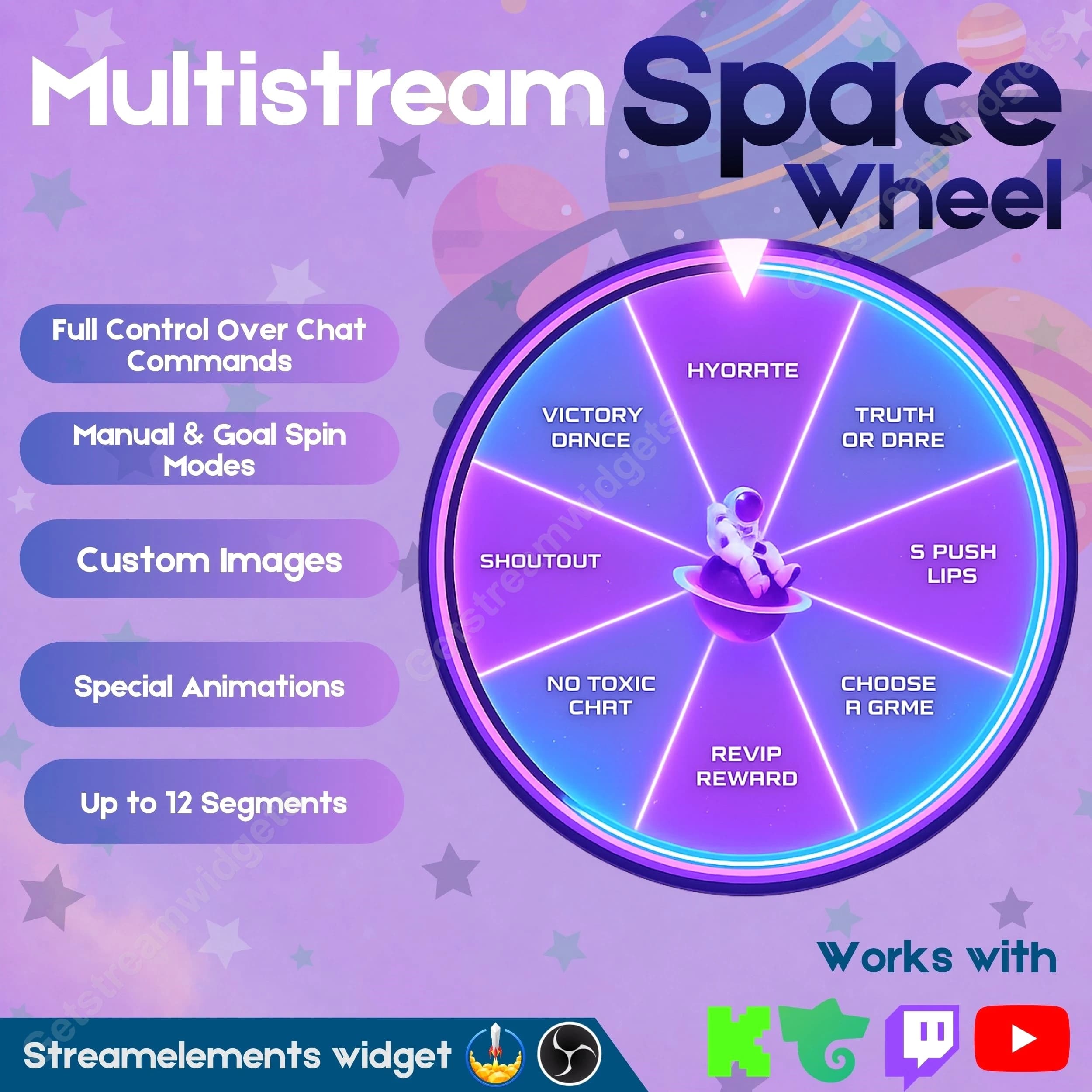 Multistream Space Spin Wheel Widget ⟢ Twitch Youtube Kick Trovo • Neon Theme • Fully Customizable • StreamElements OBS 0