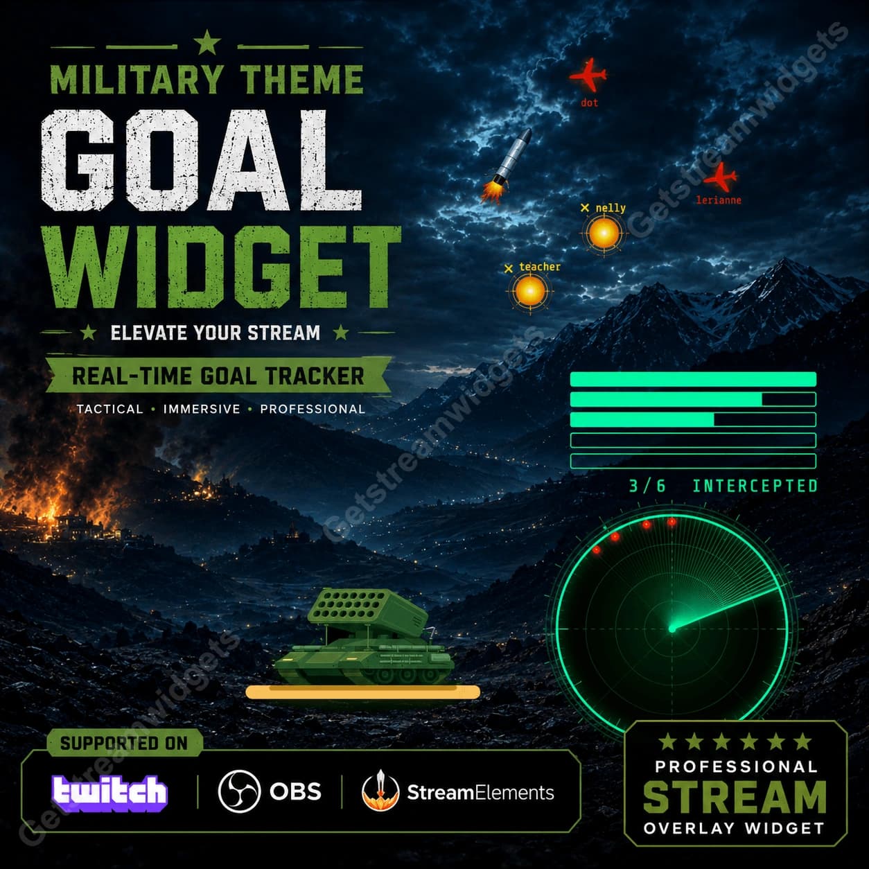 Tactical Military Radar Goal Widget ⟢ Twitch • Interactive Missile Strike System • Follower, Sub & Raid Goals • Fully Customizable StreamElements OBS 0